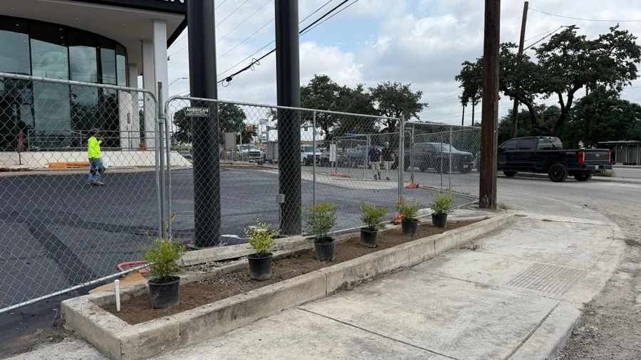 Street frontage trees and planted islands along a commercial parking lot, routine shopping center grounds maintenance work in San Antonio