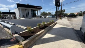 Raised landscape bed with new plantings and timber edging at a San Antonio commercial property